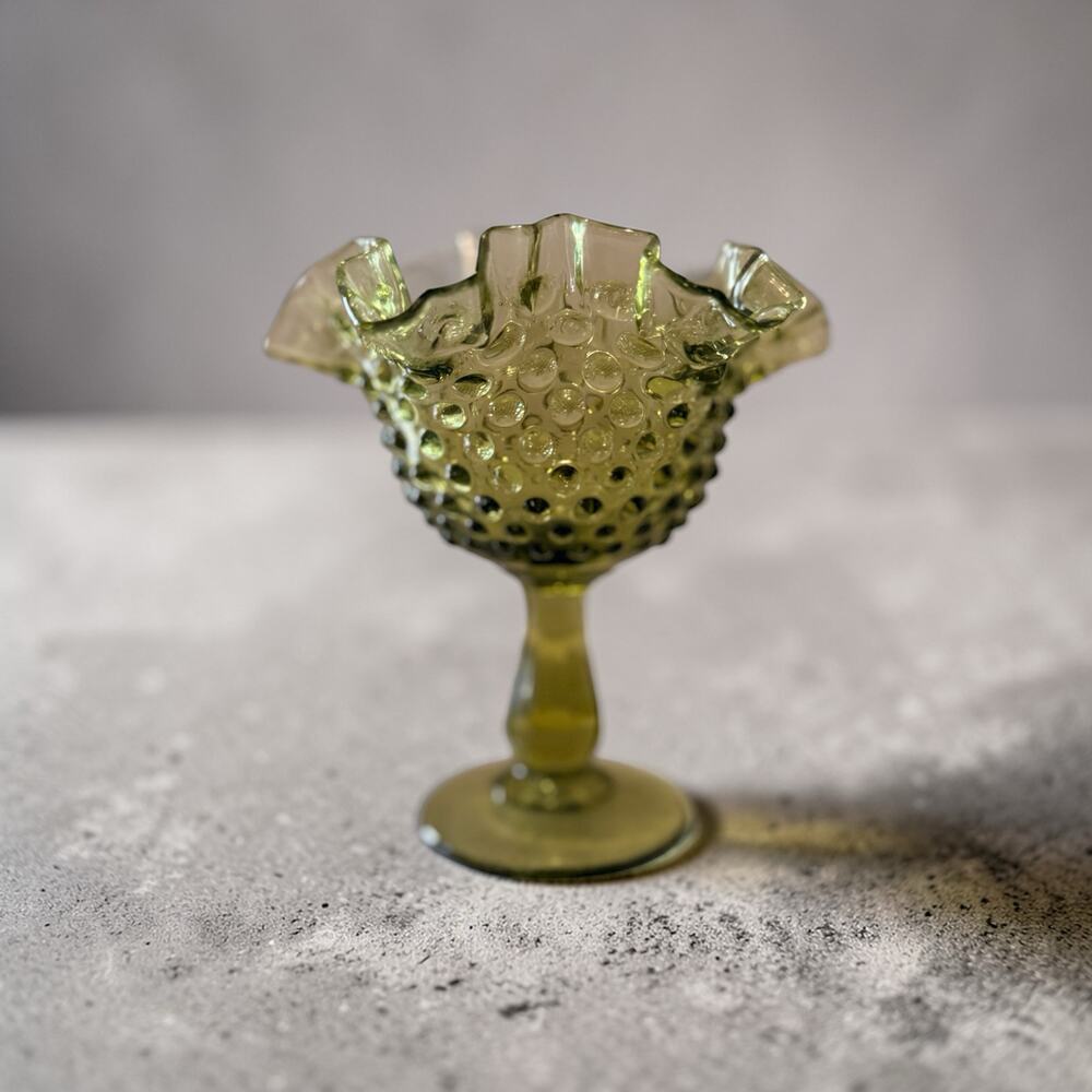 Fenton Art Glass Olive Green Hobnail Compote Dish 6" Tall Vintage MCM Pedestal